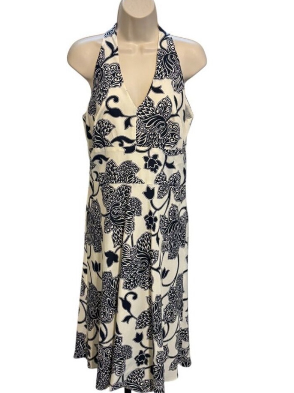 Ann Taylor SILK Black Ivory Floral Halter Dress, V-Neck Floral Midi, Size 6P